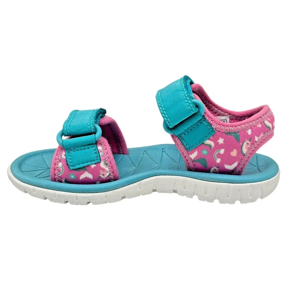 Clarks Little Girls Open Toe Adjustable Sandals 11 Wide Pink-Aqua Unicorn Print